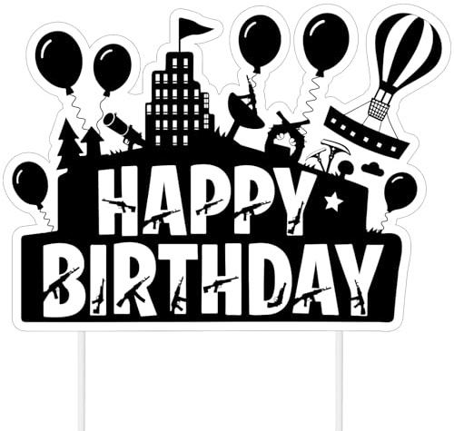 Happy Birthday Cake Topper, 20,5x15cm Schwarze Silhouetten-Stadtbild-Geburtstagskuchendekoration mit Stäbchen Videospiel-Partygeschenke für Jungen Mädchen Gamer-Motto-Partyzubehör