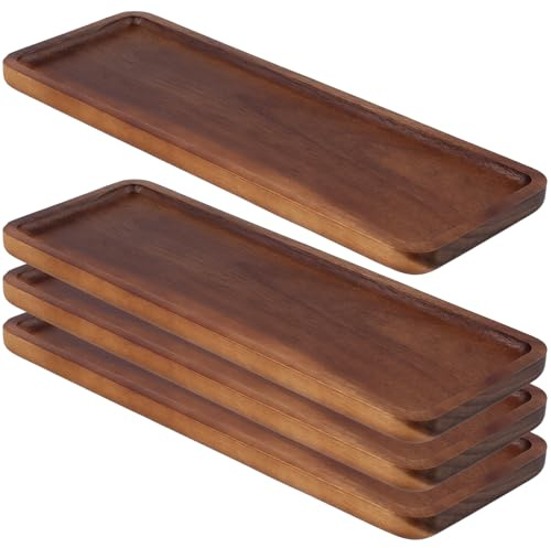 JIAYUET Juego de 4 platos de madera de acacia, bandeja rectangular de 11 x 4 pulgadas con borde elevado para exhibición de frutas y decoración del hogar