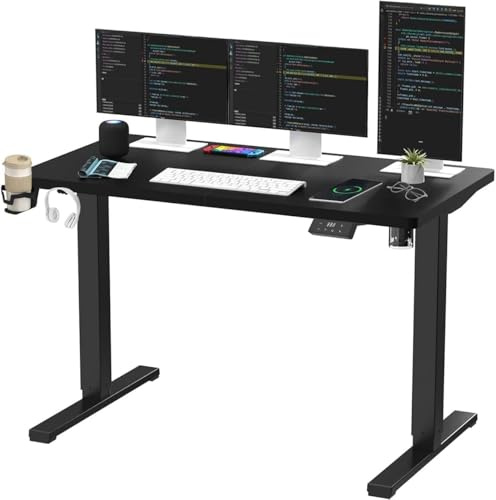 SANODESK QS1+140 * 60 Electric Standing Desk Height Adjustable Standing Desk With Memory Smart Panel Sit Stand Table With Hooks and Cupholder for Home Office （Black Frame+ Black Desktop）