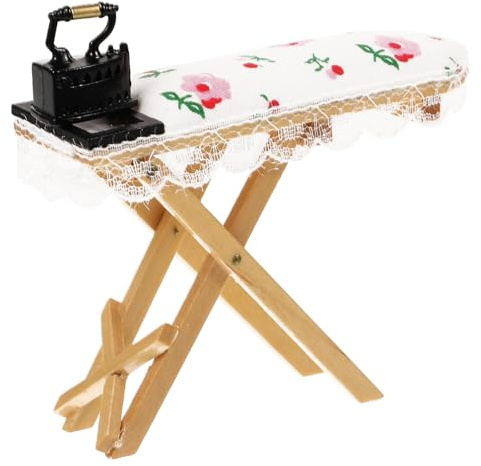 Supvox Miniatur Bügelbrett für Puppenhaus Miniatur Spitzen Bügeltisch mit Bügeleisen Zubehör für Landschaftsszenen und Spielhaus