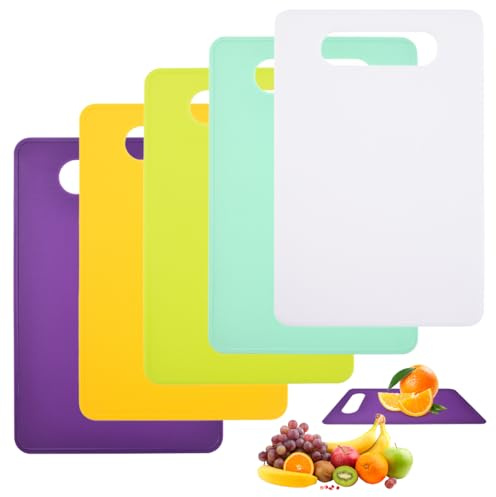 Set 5 Taglieri Cucina Plastica, 29 x 19 cm, Rettangolare con Manici | Antiscivolo, Senza BPA, Per Verdure e Frutta, Per Colazione