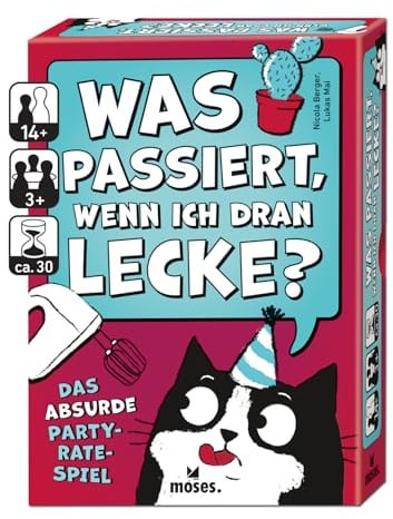 Moses. was passiert, wenn ich dran lecke? - Absurdes Party-Ratespiel mit verrückten & lustigen Fragen, kommunikatives Kartenspiel für 3-8 Spieler ab 14 Jahren