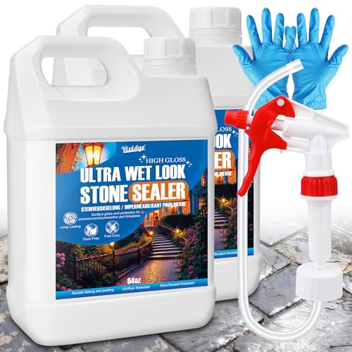 Wet Look Stone Sealer, 4L / 128oz Patio Sealer with Sprayer | Water-based concrete sealer enhances stone color with glossy finish for concrete, stone, brick, floors and driveway