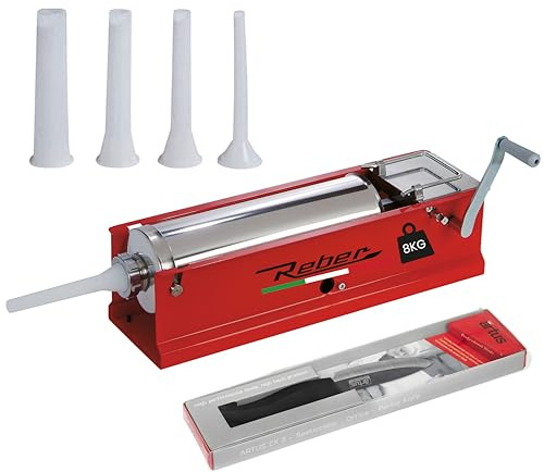 Reber Insaccatrice Manuale per Salsicce 6,8L/8KGS Orizzontale a 2 Velocità | Uso Domestico e Professionale - Struttura Robusta Acciaio INOX - Spelucchino cm. 7,5 e 4 Imbuti Inclusi