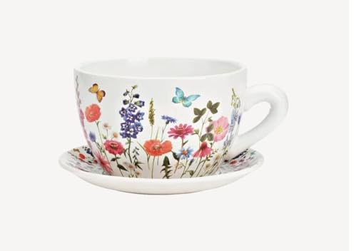 Seyila Home Pflanztasse aus Keramik mit Unterteller, Blumentopf in Tassenform, Deko-Pflanzgefäß,Pflanzkübel, Blumentopf in versch. Größen und Designs (Wiesenblumen, 25 cm)