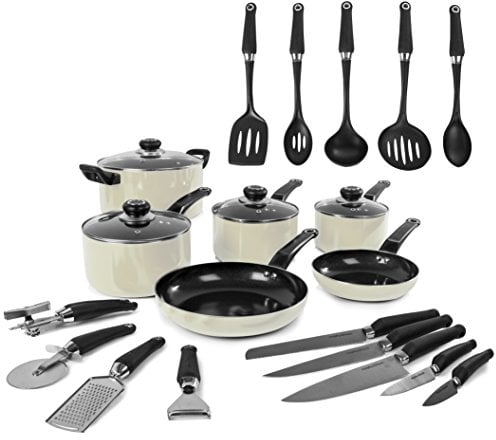 Morphy Richards Equip 20 Piece Cookware Set (4 Pots + 2 Saucepans + 14 Utensils), Cream, Aluminium