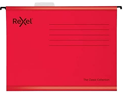 Rexel Classic Foolscap-verstärkte Hängemappen für Aktenschränke, 15 mm, V-Basis, 100% recycelter Karton, rot, 25 Stück, 2115592