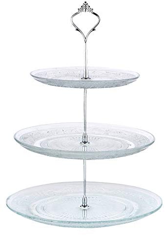 Nyxi 3 Tier Cake Stand Afternoon Tea Serving Plate Embossed Glass Cake Stand Round Display with New Crown Fittings