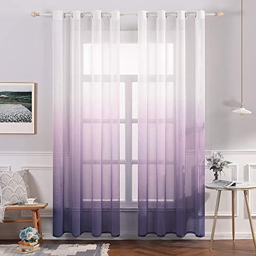 MIULEE Gardinen Transparent Vorhänge Farbverlauf Voile Sheer 2er Set Vorhang mit Ösen Dekoschal Fensterschal für Schlafzimmer und Wohnzimmer 145 cm x 140 cm(H x B) Weiß Lila