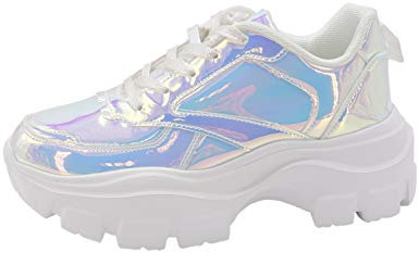 LUCKY STEP Zapatillas Deportivas de Plataforma Gruesa para Mujer Zapatos de Paseo Informales con Cordones (Holograma Blanco, 6US-36EU-3UK)