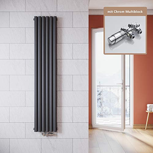 ELEGANT Vertikal Heizkörper Anthrazit 1800x354mm mit Multiblock Chrom Thermostat Design Heizkörper Doppellagig Röhrenheizkörper Badheizkörper Mittelanschluss