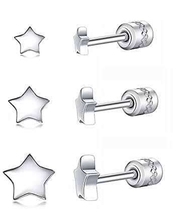 Hopply 3 Pairs Surgical Steel Stud Earrings Set for Women Girls,Hypoallergenic Multiple Tiny Ball Star Circle Simple Geometric Cartilage Helix Earrings Piercing Jewlry (3pairs,Silver,Star-3/4/5mm)