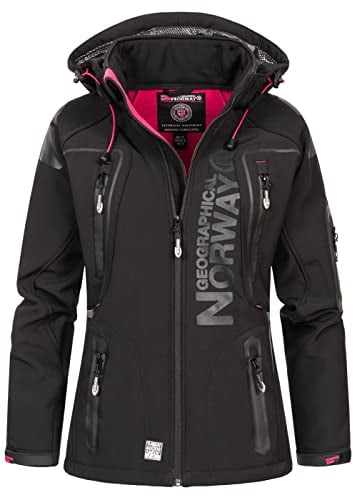 Geographical Norway Tisland Lady Distribrands - Wasserdichte Damen Softshelljacke - Kapuzenjacke Winddicht Resistent Winter - Outdoor Wandern (Schwarz/Pink L Größe 3)