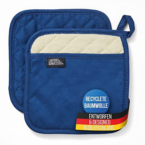 LauterSchutz® 1 Paar Topflappen - extra weiche, waschbare & recyclete Baumwolle mit Grifftasche für die Hände [Hitzebeständig bis 250°C] Topfhandschuhe zum Kochen & Backen (Blau)