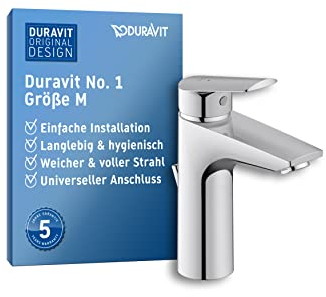 Duravit No.1 Waschtischarmatur, Größe M (Auslauf Höhe 117 mm), Wasserhahn Bad mit Zugstangen-Ablaufgarnitur, wassersparende Waschbecken Armatur (MinusFlow), Chrom