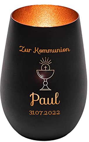 Windlicht mit Gravur zur Kommunion | Schwarz/Bronze | Kelch | Personalisiertes Kommunionsgeschenk Junge Mädchen Buben | Tischdeko und Geschenk zur Erstkommunion | Teelichthalter