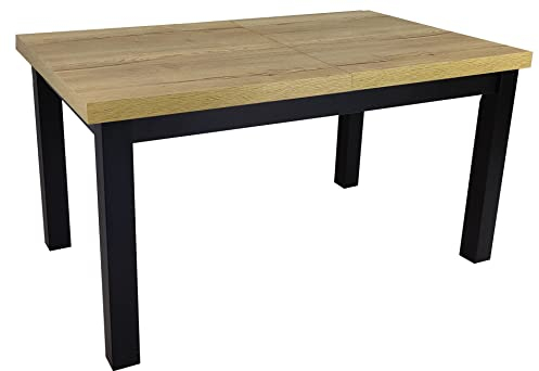 Rustikaler Esstisch Ausziehbar Wohnzimmertisch Holzbeine Schreibtisch mit Schwarzen Tischbeinen Ausziehtisch Computertisch Küchentisch Bürotisch R-7 80x140/180 cm Schwarz Halifax Eiche