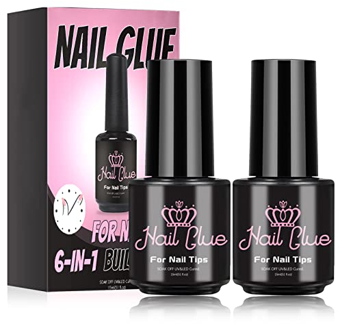 Colle Faux Ongles, 2 * 15 ML super forte Colle Faux Ongles, 6 en 1 Longue Duré Colle Ongle Capsule Gel avec Pinceau, durcissement nécessaire UV