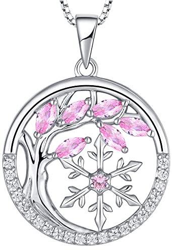 YL Lebensbaum und der Schneeflocke Halskette 925 Sterling Silber Oktober Geburtsstein Turmaline Rosa Anhänger für Damen