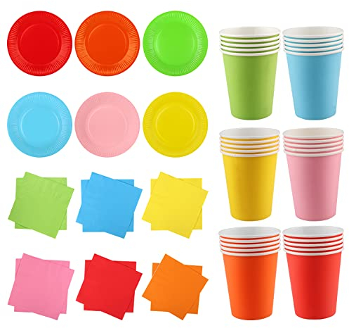 Fowecelt Rainbow Party Tableware - 90pcs Paper Plates and Cups Set, Neon Supplies, Multicolor Napkins for Birthday Decoration