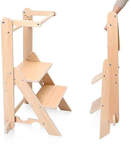 Aomdom Torre de Aprendizaje Plegable,Tour de observación Infantil de 1 a 3 años para niños Montessori Learning Madera Natural Kitchen Helper Seguridad Fácil de Montar Aprobado CE