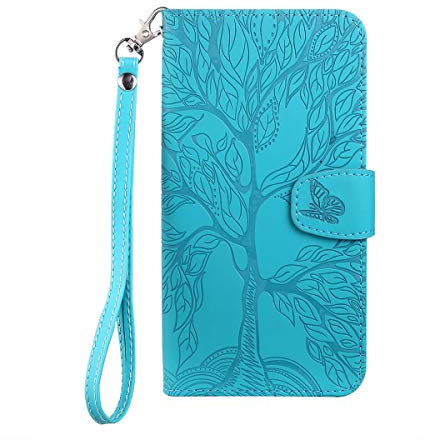Nbziyoo Phone Case for iPhone 13 Pro,the Butterfly Tree Embossed PU Leather Wallet Flip Case with Card Holder,Wrist Strap,Magnetic Closure Shockproof Kickstand Cover Case, Blue