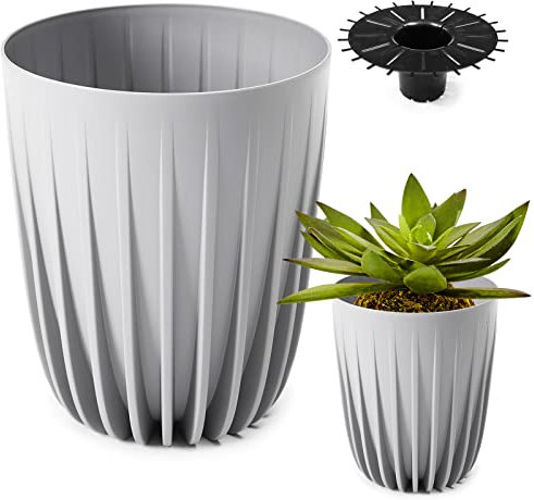 Konzept 11 Pot de fleurs haut de 19 cm de diamètre, grand pot pour extérieur, balcon, cache-pot avec insert, gris, pot de palmier