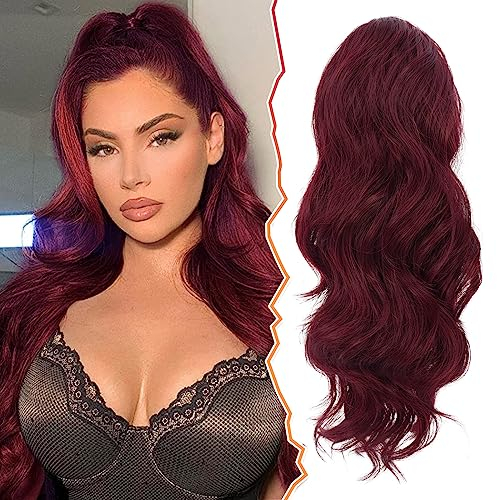 BARSDAR 40 cm Locken Kordelzug Pferdeschwanz Haarteil Haarverlängerung, Wellige Lockige Pferdeschwanz Verlängerung Synthetisches Haarteil Ponytail Extension für Frauen und Mädchen,Burgund