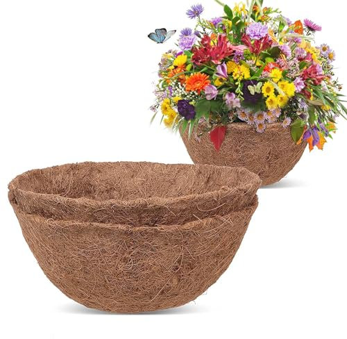 2PCS Hanging Basket Liner, Coco Fiber Liners for Hanging Baskets Plant Flower Growth, Indoor Outdoor Garden Porch Balcony Planter Wall Basket Liner Replacement (10 inch)