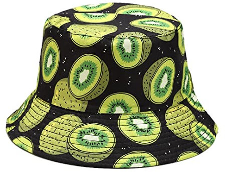 XVBCDFG Neuheit Fruchtdruck Bucket Hat Sommer Fischermütze Wendbare Packbare Sonnenhüte für Damen Herren, Kiwi Mütze Schwarz, One size