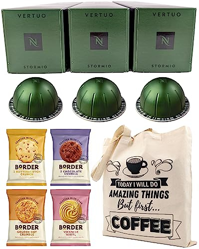 Coffee Pod Multipack for Nespresso Vertuo Machine - Stormio Coffee Capsules - 3 Boxes (30 Pods) with Border Biscuits and Reusable Tote Bag