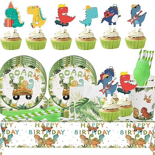 Aszaui 129 Pieza Decoracion Dinosaurios Cumpleaños,Niños Vajilla para Fiestas de Dinosaurios, Juego de Platos de Fiesta de Cumpleaños con Tema de Dinosaurio Sirve 24.