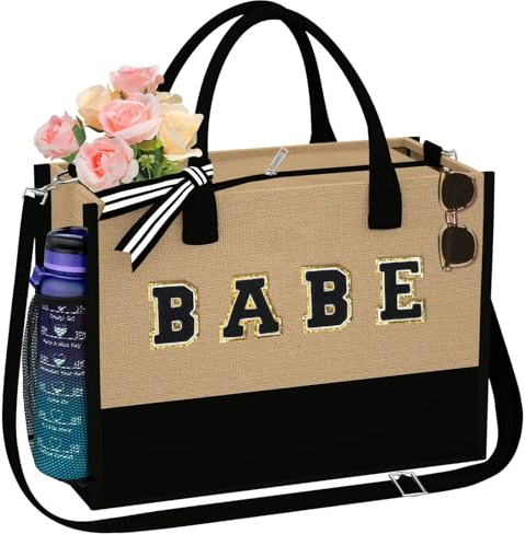 QLOVEA Chenille-Patches Jute-Tragetasche mit Reißverschlusstasche, verstellbarer Riemen, Reise-Strandtasche, Hochzeit, Geburtstag, Geschenke für Frauen, Leinengelb, Large, Babe