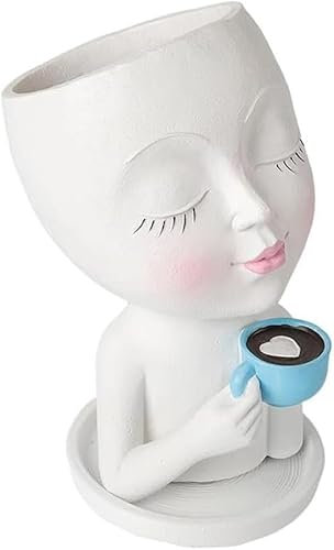 BLOSSOMLIFE Joli pot de fleurs en forme de tête de femme, pots de fleurs décoratifs pour plantes d'intérieur (café)
