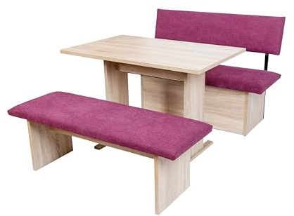 kundler home Essgruppe 3-teilig, Bank mit Truhe, Tisch I und Sitzbank, mit Polsterung für hohen Sitzkomfort, ideal als Bank im Esszimmer oder Wohnzimmer, Das Raumwunder, Eiche Premiumdekor