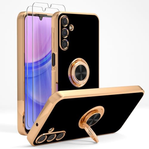 YIRSUR Case Compatible with Samsung Galaxy A15 5G with 2 Pack Screen Protector, with Ring Holder Plating Rose Gold Edge 360° Kickstand Cover Slim Soft Flexible TPU Protective for Galaxy A15 5G-Black