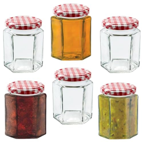 MEETOZ Glass Jam Jars-6 Pack Airtight 280ml,Glass Preserve Pots with Screw Top Red Gingham Lids,Hexagonal Storage Glass Jars for Kitchen Spices Honey or Sweets Kimchi Jar