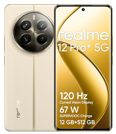 realme 12 Pro+ 5G Smartphone 12+512GB, Fotocamera Sony IMX890 OIS Zoom ottico 3X, Snapdragon 7s Gen 2 5G, Display curvo Vision da 6,7 a 120Hz, Ricarica SUPERVOOC da 67W, beige