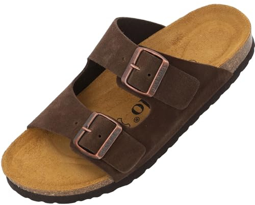 Palado Pantoletten Damen Korfu Velours Premium Leather - bequeme Sandalen Made in Spain - Hausschuhe mit Kork-Fußbett - modische Sommerschuhe Braun UK6 - EU39