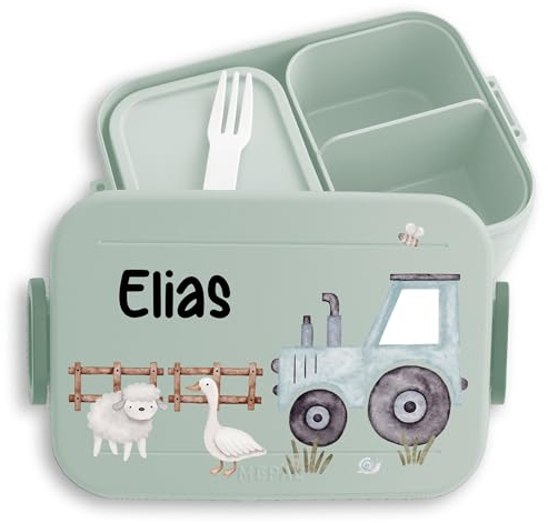 Kinder Bento Box Midi für Mepal Bentobox - Personalisierte Traktor Brotdose mit Tieren I Kindgerechte Lunchbox mit Traktor und Bauernhoftieren - 900 ml - Sage Grün - name