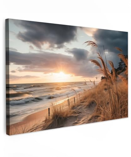 MuchoWow© Leinwand 90x60 cm Deko Schlafzimmer Aesthetic Leinwandbilder Wohnzimmer Gemälde Foto Geschenk Living Room Decoration Strand - Dünen - Meer - Sand - Strandhafer