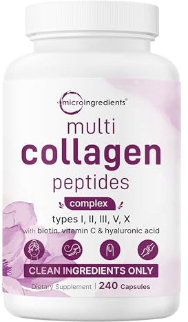 Micro Ingredients Multi Collagen Pills for Women & Men, 240 Capsules | Type I, II, III, V, X | Hydrolyzed Peptides with Biotin, Hyaluronic Acid, & Fat Soluble Vitamin C Complex | Non-GMO, Filler Free