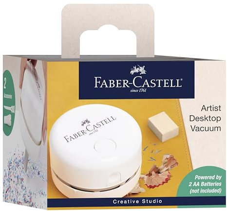 Faber-Castell Mini aspiradora de escritorio, funciona con pilas y portátil con boquilla de vacío de escritorio, color blanco, accesorios de escritorio geniales, artículos esenciales de oficina y