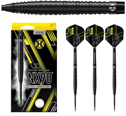Harrows NX90 Black Edition Darts-Set mit 90% Wolframstahlspitze, 21 g, 22 g, 23 g, 24 g, 25 g und 26 g – inklusive schwarzen Supergrip-Midi-Schäften und Micron-NX90-Flights (26 Grams)