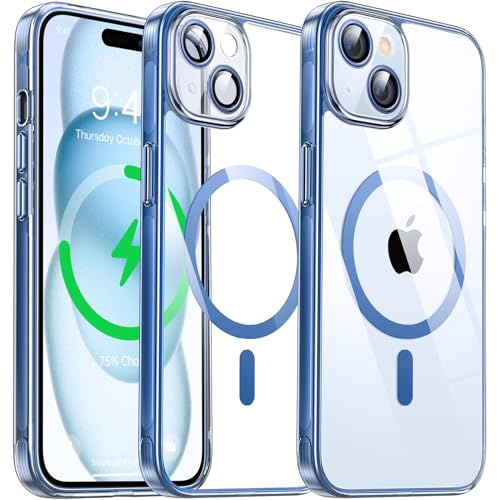 Flyzoo Coque Magnétique Transparente pour iPhone 15 (6.1'') avec Objectif Film, [Compatible avec MagSafe] [Protection Antijaune & Antirayure & Antichoc] Etui Housse Dur avec Silicone Bord, Bleu