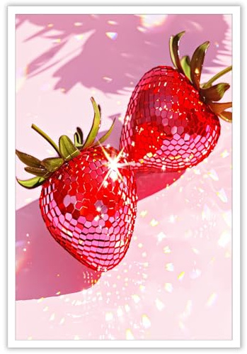 Osdfem Disco Erdbeeren, Wandkunst, Post, adretter Discoball-Poster, glamourös, Discokugel, rote Erdbeeren, Kunstdruck, trendiger Wohnheim-Dekor, ästhetischer Poste für Mädchen, Schlafzimmer, Barwagen,