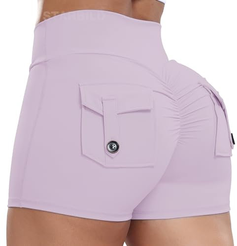STARBILD Pantaloncini Donna con Tasche Scrunch Butt, Leggins Corti Vita Alta Push Up, Booty Shorts Cargo per Palestra Fitness Yoga, Cargo - Viola Chiaro S