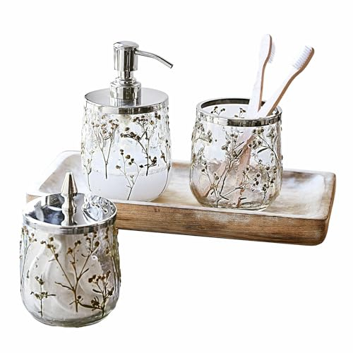 Loberon Bad-Set Elorisse, Dose, Becher & Seifenspender, fein Eingearbeitete Trockenblüten, Romantischer Look, Mundgeblasen, Badaccessoires, Glas, Eisen, klar/gelb