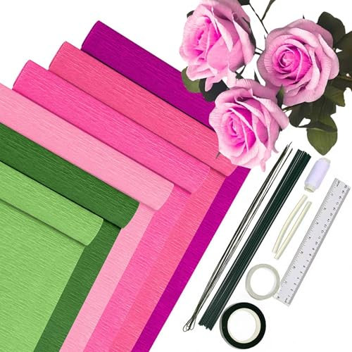 Krepppapier 6er Set Bunt,6 Rollen 25 x200cm Krepppapier Verlaufspink mit 15 Blumendraht,Floristenband,Doppelseitiges Klebeband,Lineal,Nähgarn,Krepppapier Blumen Basteln(Pinke Serie)