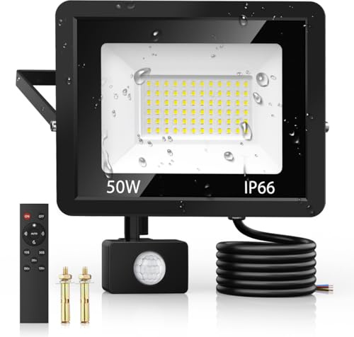 50W Security Lights Outdoor Motion Sensor PIR Flood Light Remote Control | IP66 Waterproof, 4500LM, 72 LEDs, Cool White, 6500K, Outdoor Lights Mains Powered for Garden Corridor Entrance Backyard